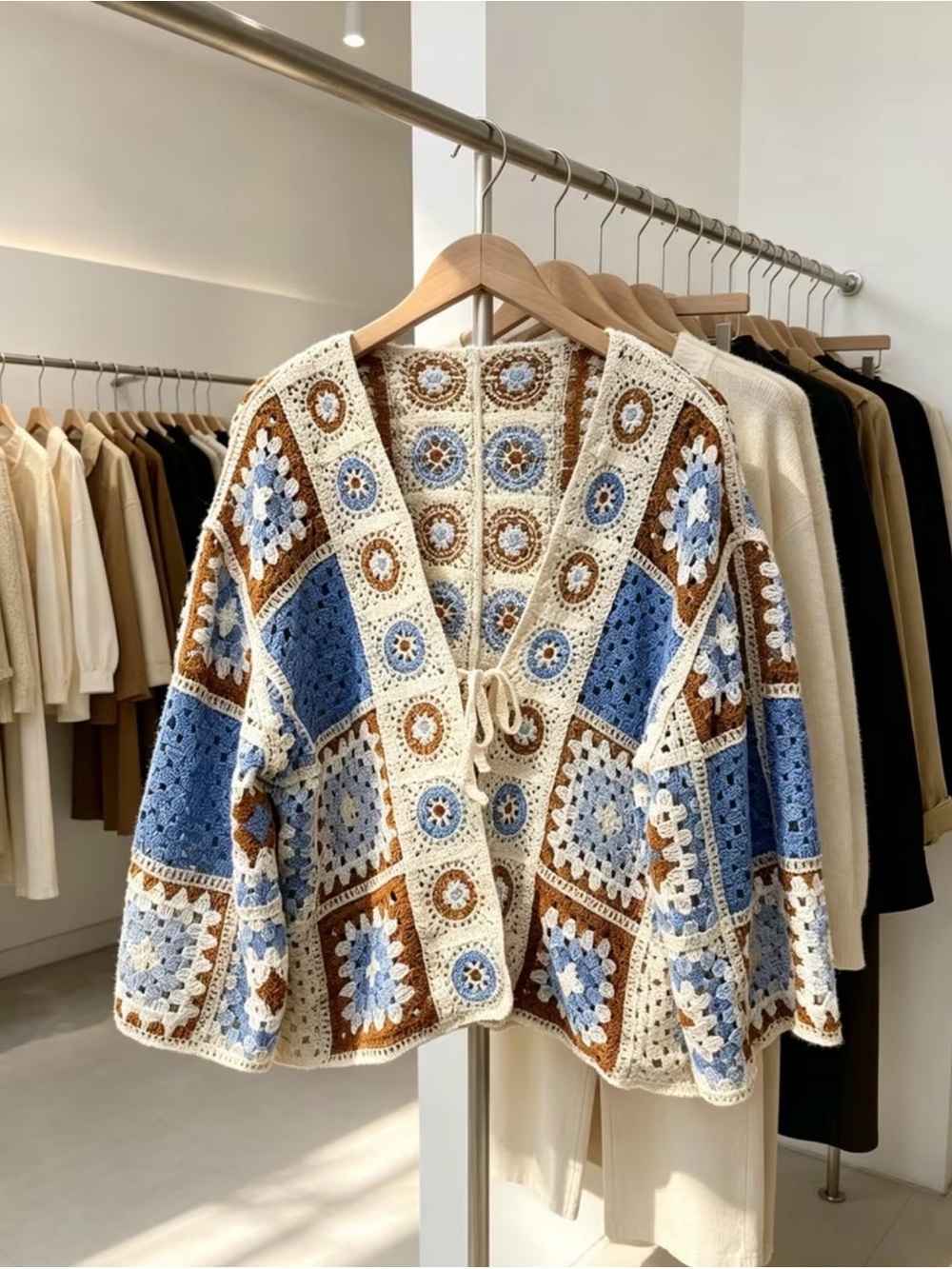 Boho Crochet Patchwork Cardigan Sweater - Multicolor Blue New One Size Fits Most - Picture 4 of 6